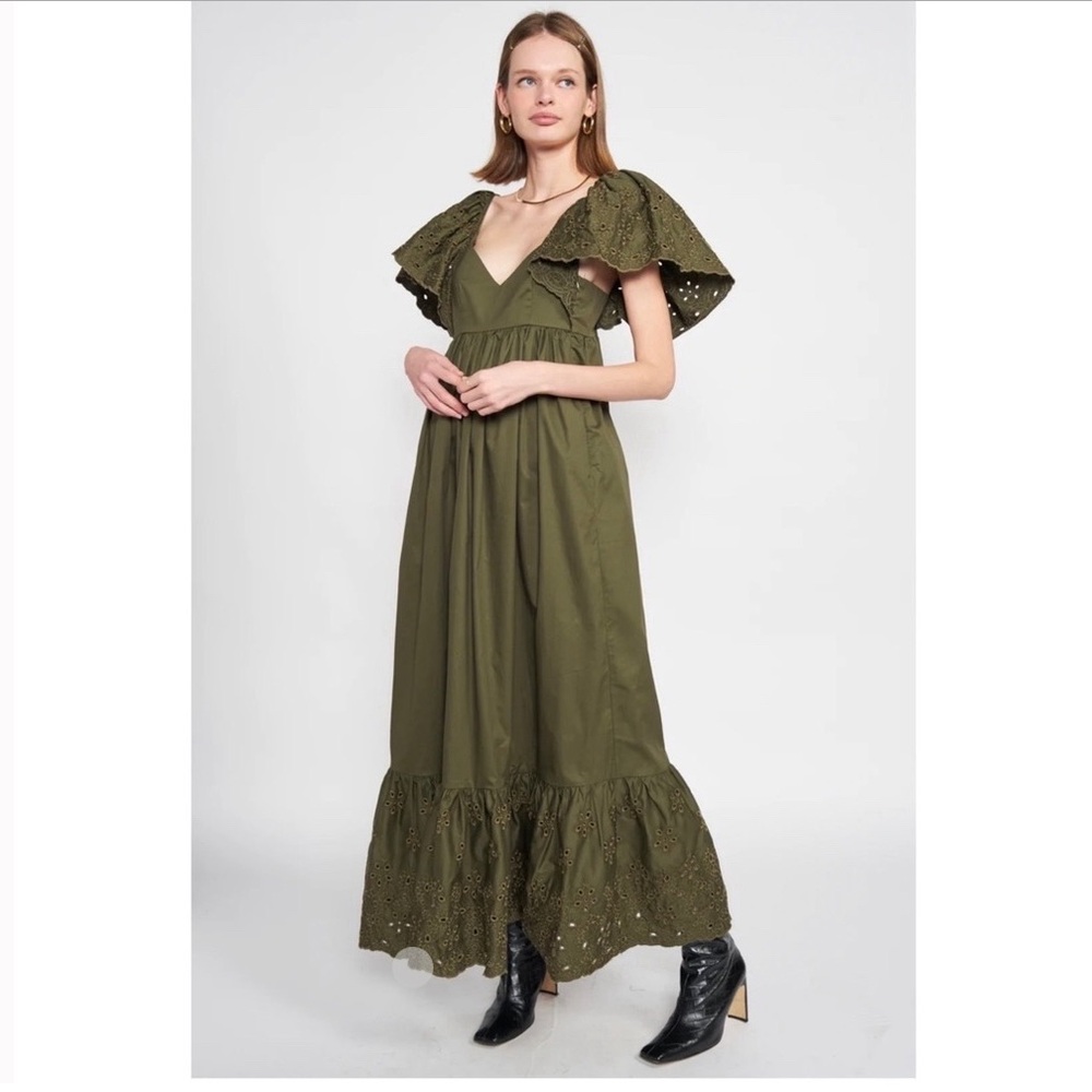 EN SAISON Barnette Eyelet Maxi Dress in Natural Flutter Sleeve Boho Sz S